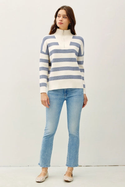 Brynn Striped Quarter Zip Sweater- Sky Blue