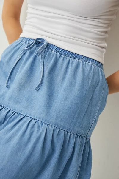 Evangeline Tiered Chambray Midi Skirt- Medium Wash