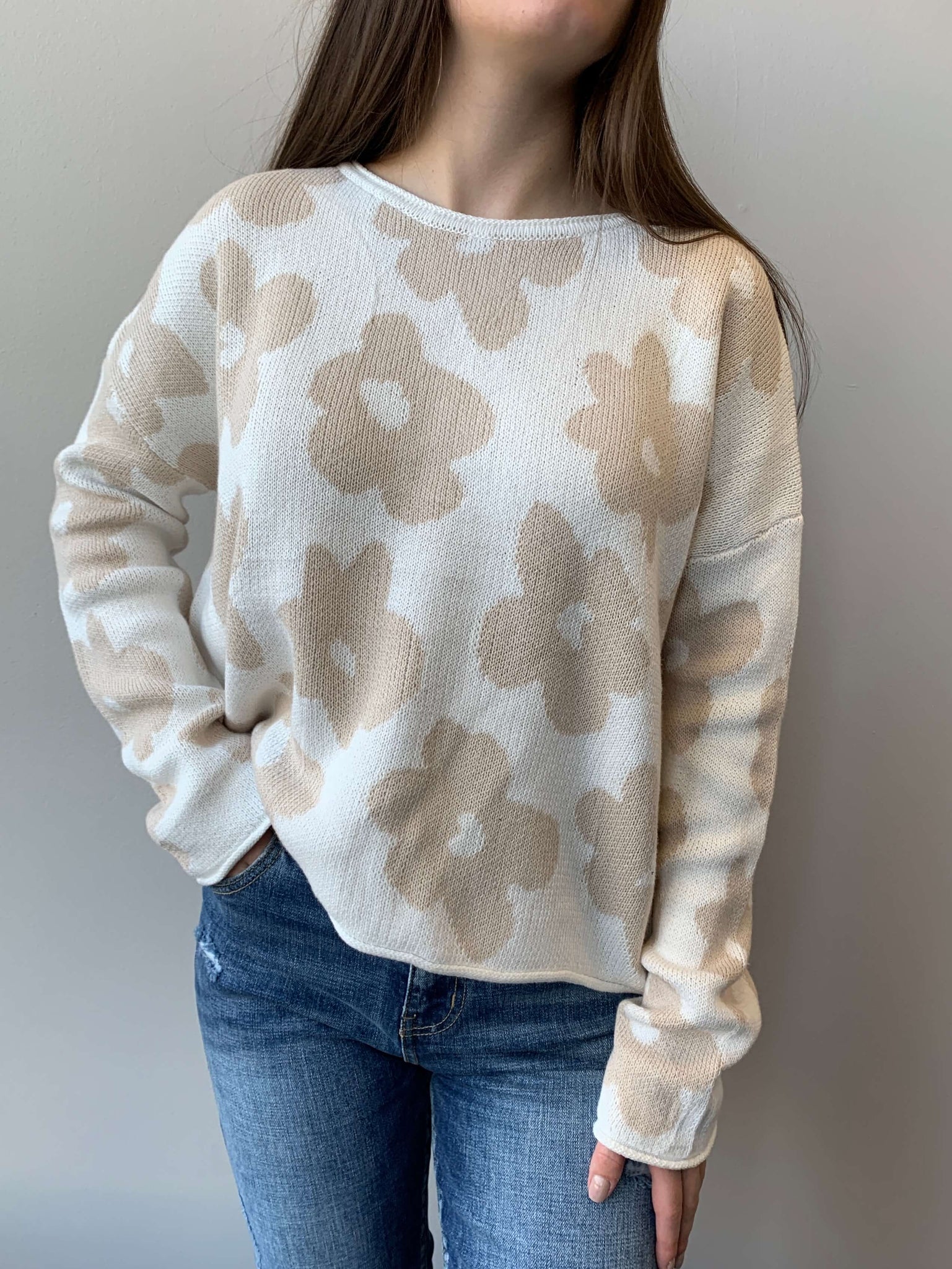 Willow Floral Contrast Sweater- Sand