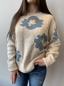 Winter Wildflower Cable Knit Sweater- Oatmeal