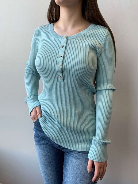 Collins Ribbed Henley Top- Pale Blue