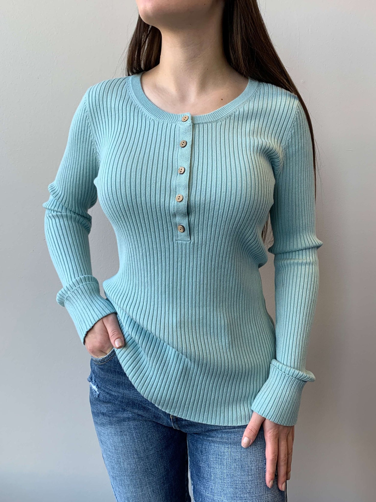 Collins Ribbed Henley Top- Pale Blue