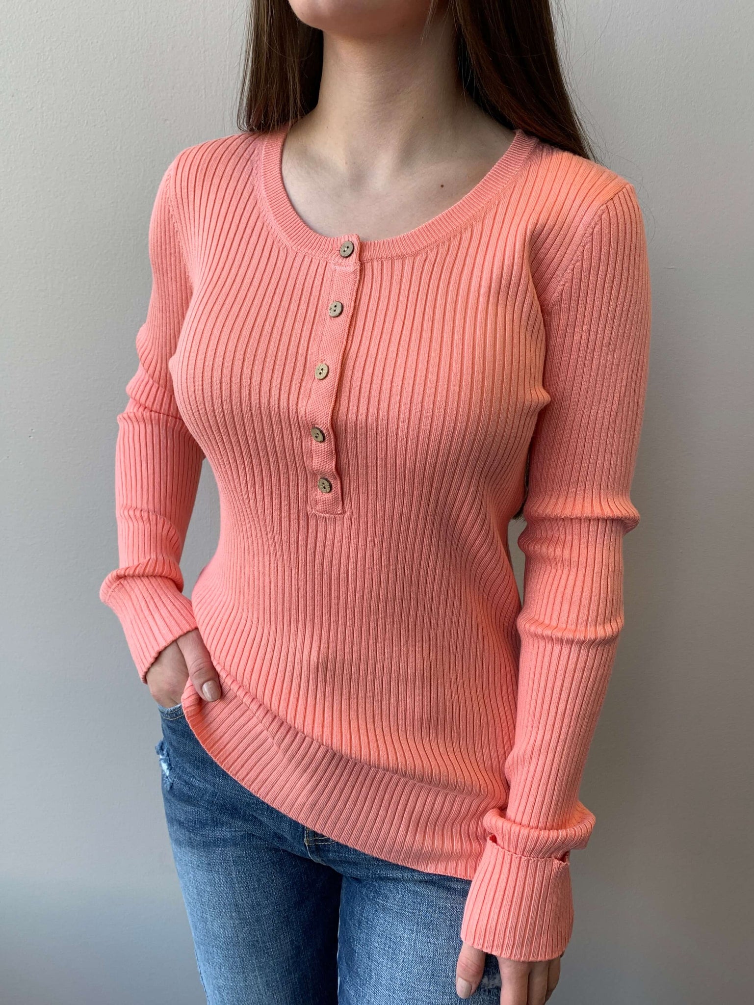 Collins Ribbed Henley Top- Bubble Gum