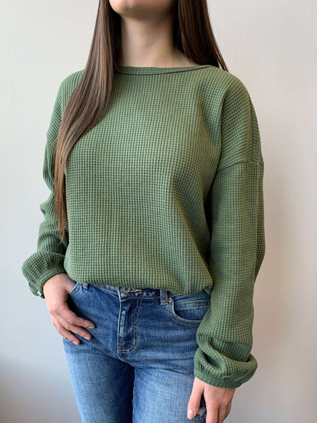 Juniper Long Bubble Sleeve Waffle Top- Pine