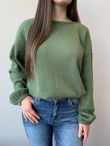 Juniper Long Bubble Sleeve Waffle Top- Pine