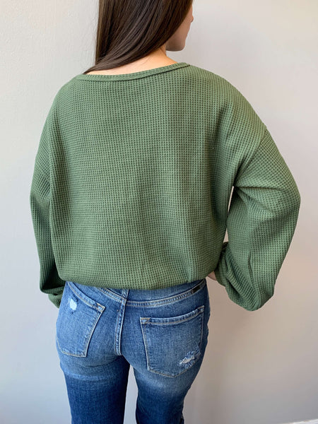 Juniper Long Bubble Sleeve Waffle Top- Pine