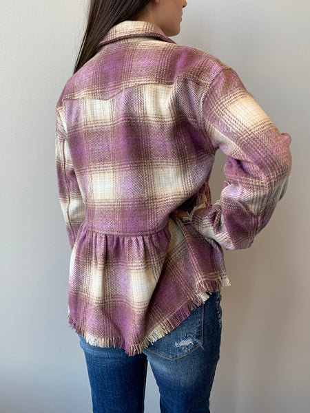 Plum Perfect Peplum Fringe Jacket- Purple Mix