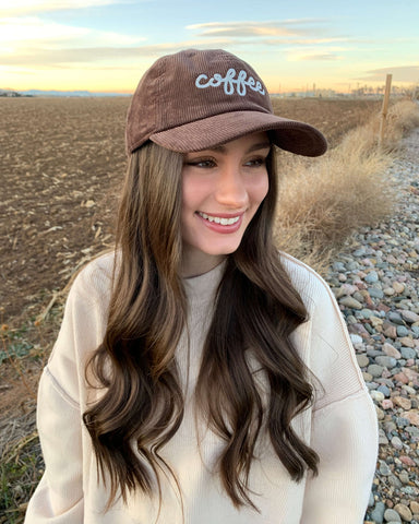 "Coffee" Embroidered Corduroy Hat- Dark Brown