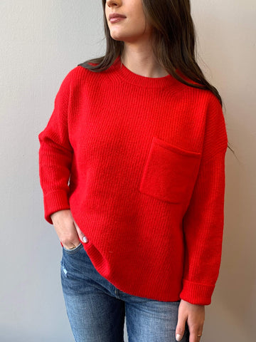 Crew Neck Pocket Sweater- Red