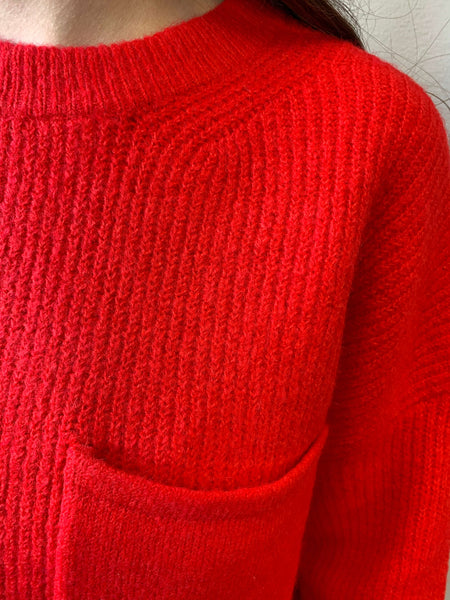 Crew Neck Pocket Sweater- Red