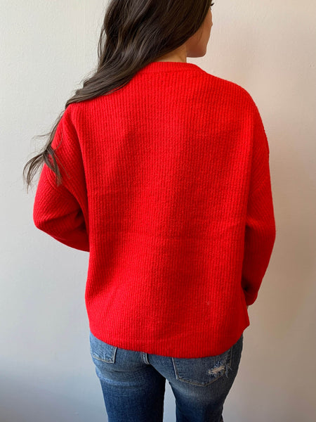 Crew Neck Pocket Sweater- Red