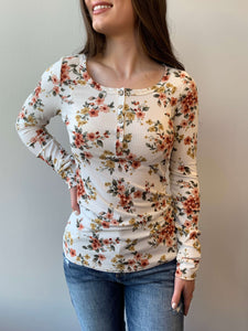 Rib Floral Henley- Ivory/Multi