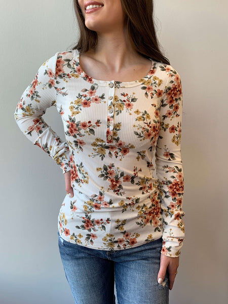 Rib Floral Henley- Ivory/Multi