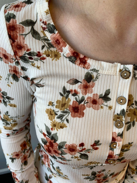 Rib Floral Henley- Ivory/Multi