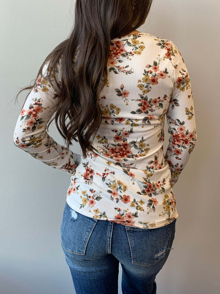 Rib Floral Henley- Ivory/Multi