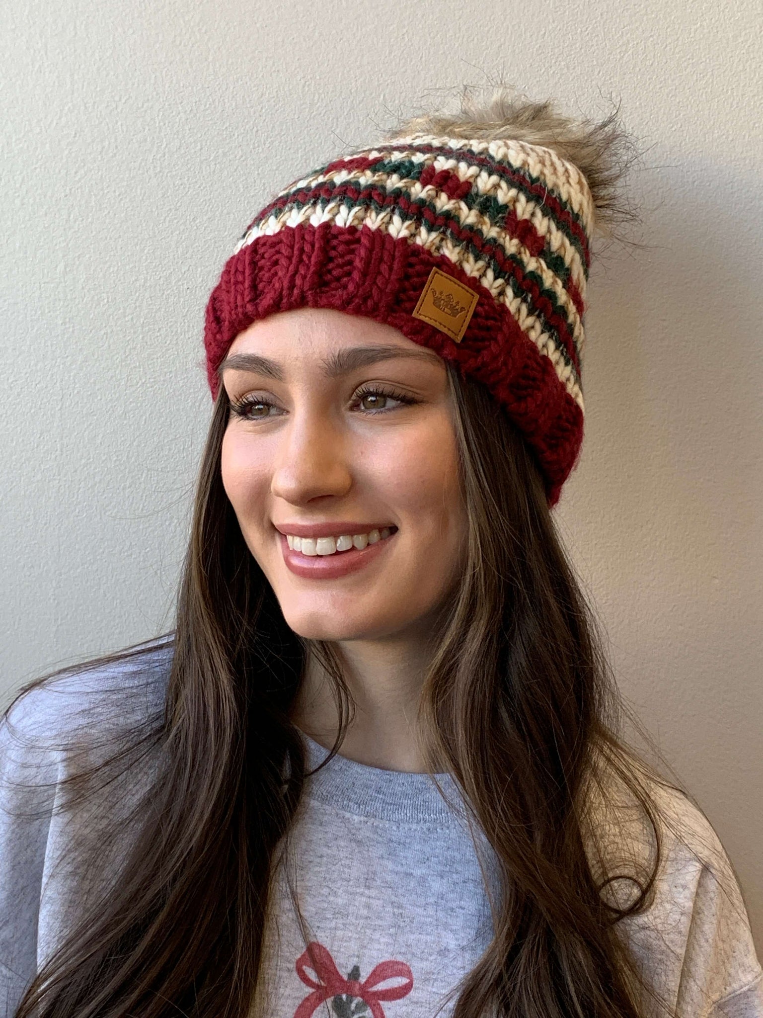 Snowed In Striped Pom Pom Hat- Red, Green, and Beige