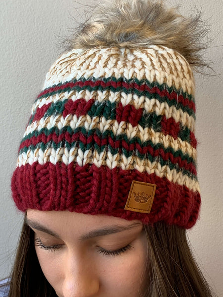 Snowed In Striped Pom Pom Hat- Red, Green, and Beige