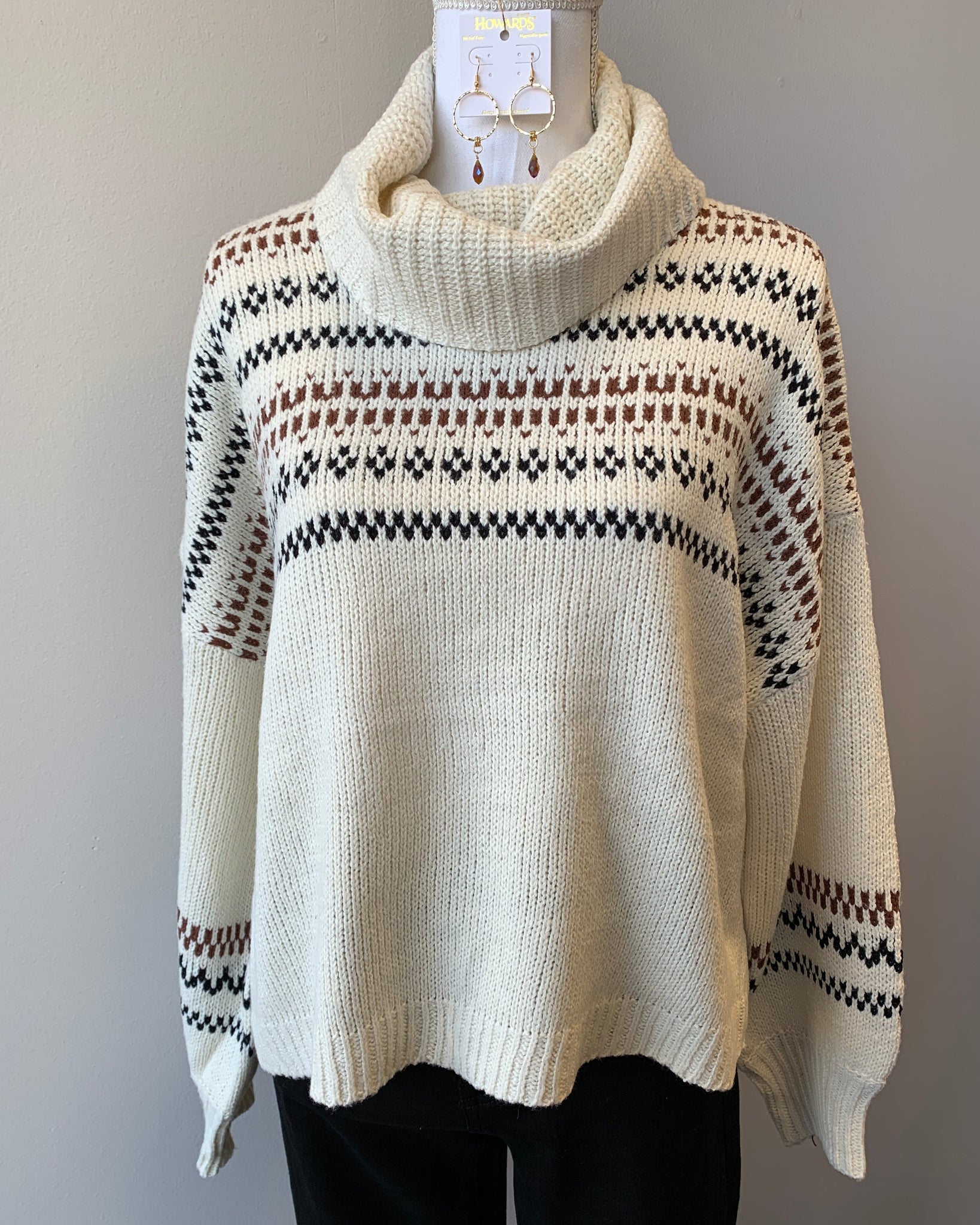 Fair Isle Cowl Neck Sweater- Cream