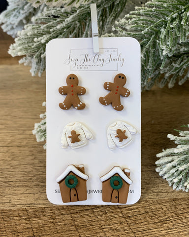 Christmas Stud Earring Set- Gingerbread Man, House, & Sweater