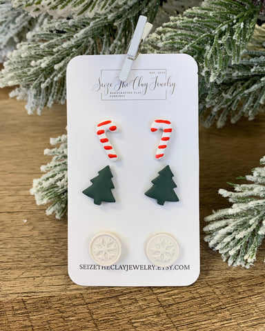 Christmas Stud Earring Set- Candy Canes, Trees, & Snowflakes
