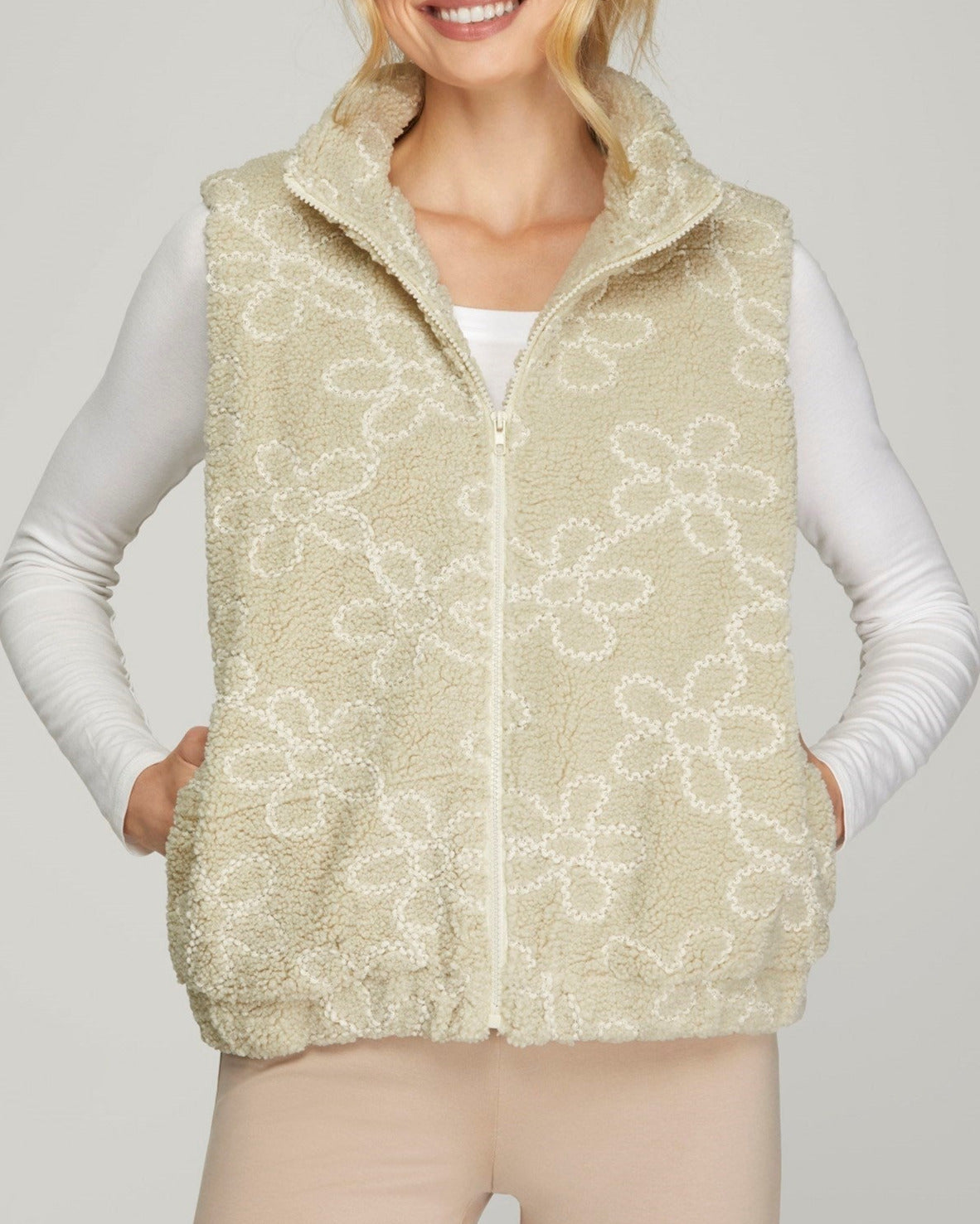 Kenna Floral Teddy Bear Vest- Stone