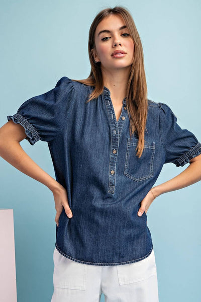 Gracie Puff Sleeve Denim Top- Dark Wash