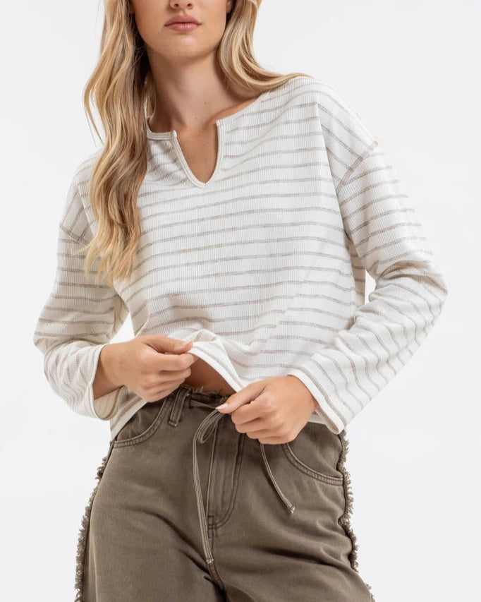 Flynn Striped Marled Knit Top- Cream