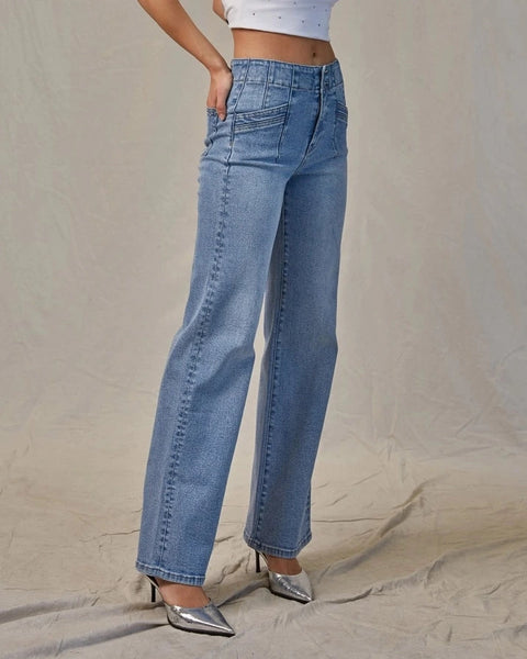 Mica High Rise Wide Leg Double Button Jeans- Light Wash