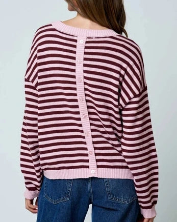 Whitney Contrast Stripe Sweater- Light Pink/Burgundy