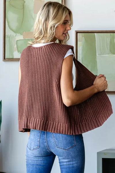 Alanna Chunky Knit Cardigan Vest- Mocha