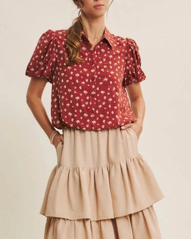Kayla Floral Bubble Hem Top- Brick
