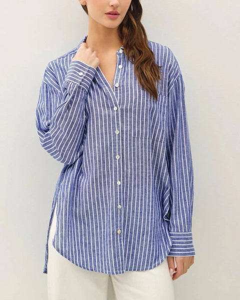Arlo Striped Button Front Top- Denim