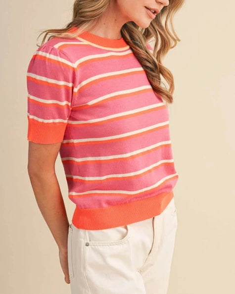 Indie Short Sleeve Stripe Top- Rose