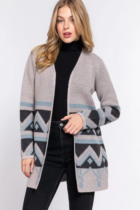 Open Front Aztec Pattern Cardigan- Taupe