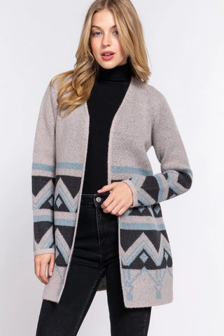 Open Front Aztec Pattern Cardigan- Taupe