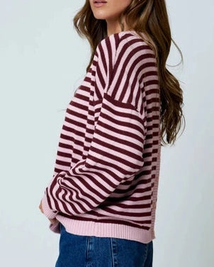 Whitney Contrast Stripe Sweater- Light Pink/Burgundy