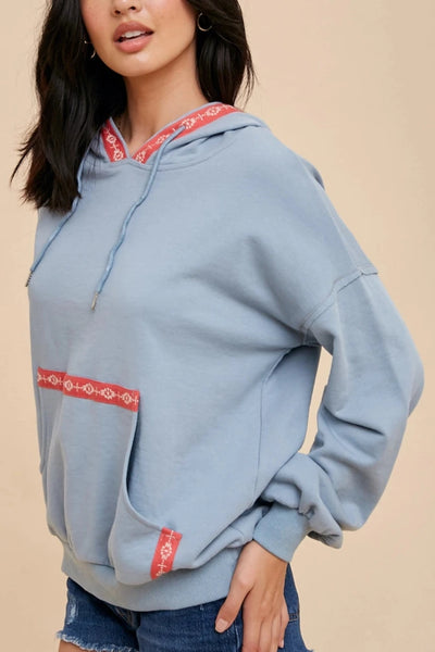 Hayden Embroidered Tape Trim Sweatshirt- Chambray