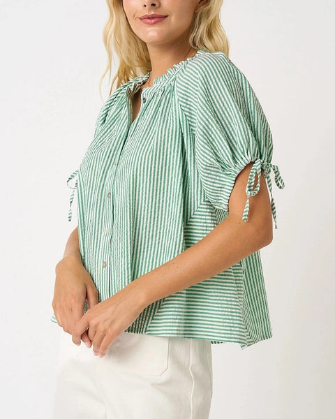 Juliette Striped Puff Sleeve Top- Green