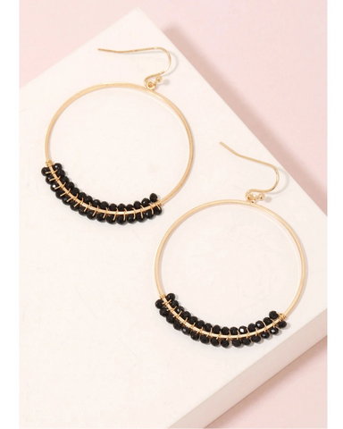 Beaded Hoop Dangle Earrings- Black