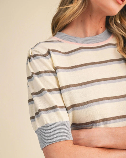 Indie Short Sleeve Stripe Top- Ivory