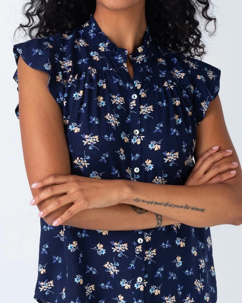Gretchen Floral Flutter Sleeve Top- Navy