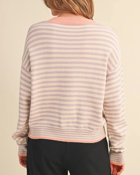 Leighton Striped Cardigan- Almond/Lavender