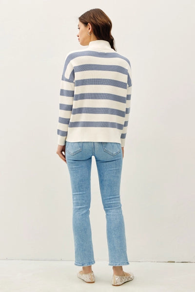 Brynn Striped Quarter Zip Sweater- Sky Blue