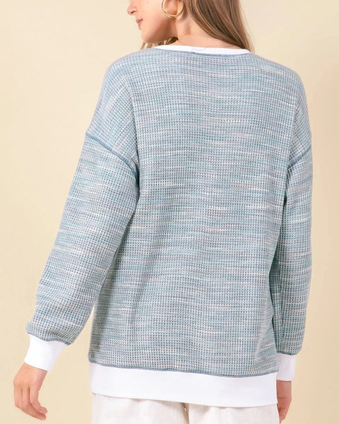 Skylar Waffle Knit Drop Shoulder Top- Teal Mix