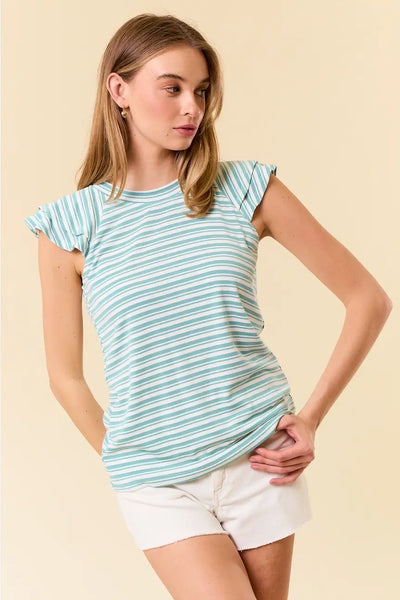 Vivian Soft Ribbed Flutter Sleeve Top- Seafoam