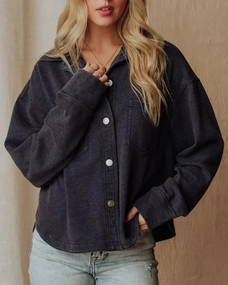 Willow Washed Soft Button Front Top- Navy