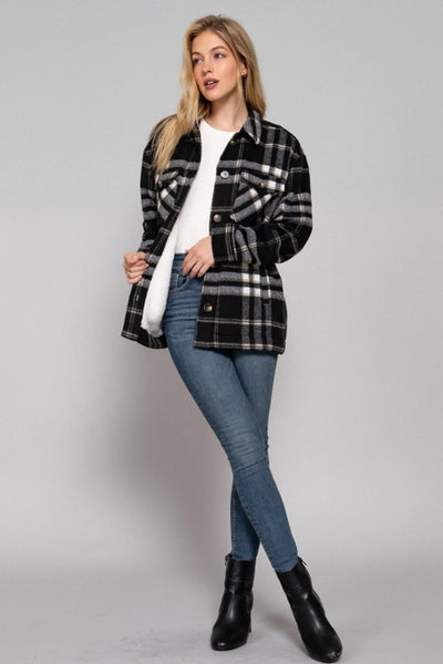 Fleece Lined Plaid Jacket- Black