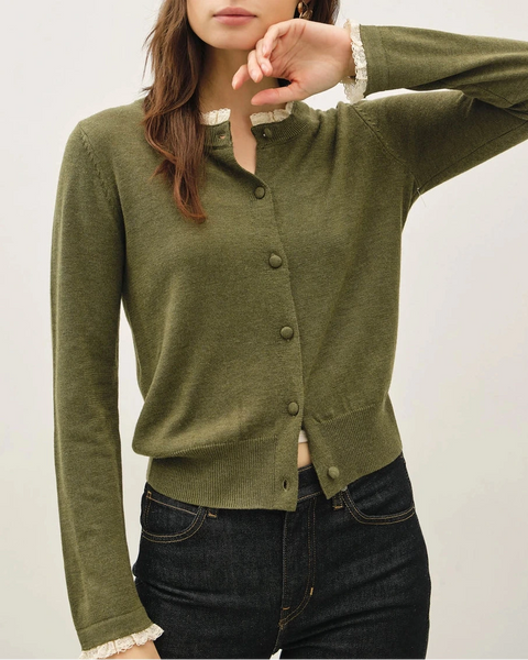 Paris Lace Trim Cardigan- Winter Forest