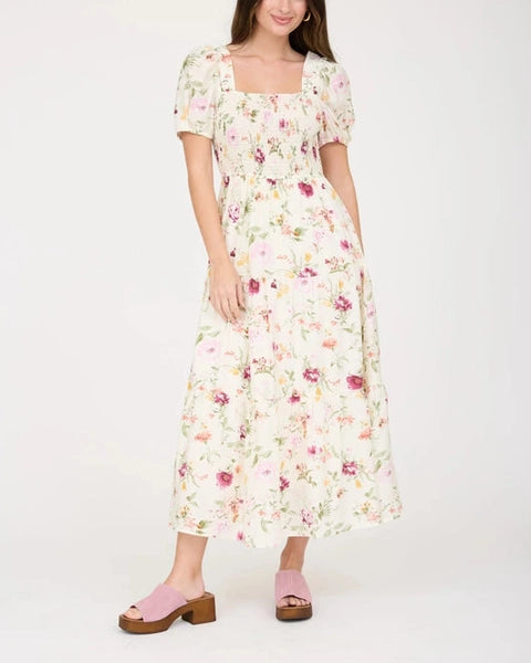 Tamara Floral Puff Sleeve Midi Dress- Ivory