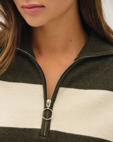 Logan Striped Half Zip Sweater Top- Hunter Green